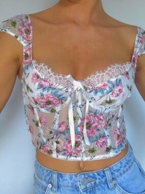 Victoria's Secret Floral Lace-Trim Corset Crop Top - Pink